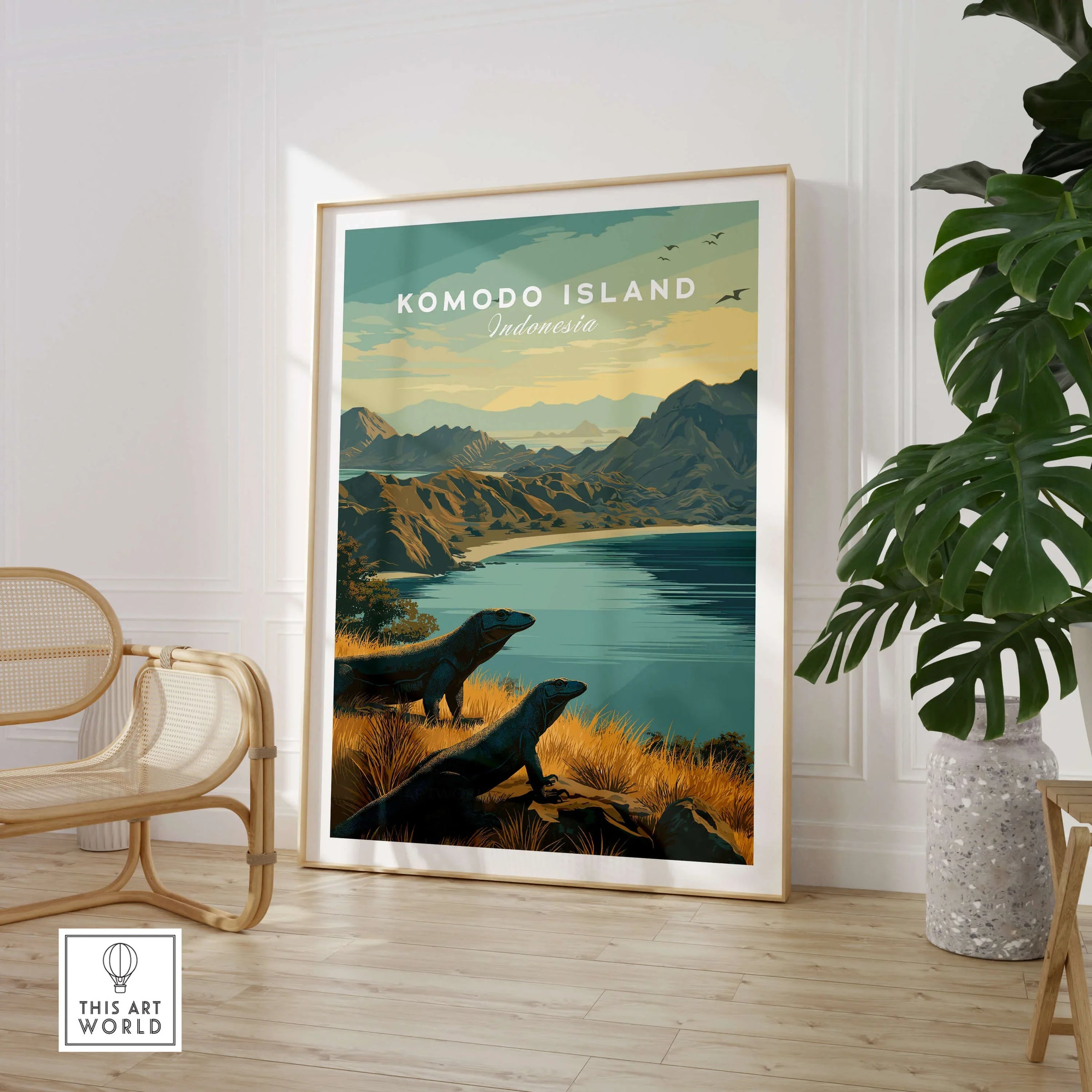 Komodo Island travel poster framed in modern room with chair and large plant