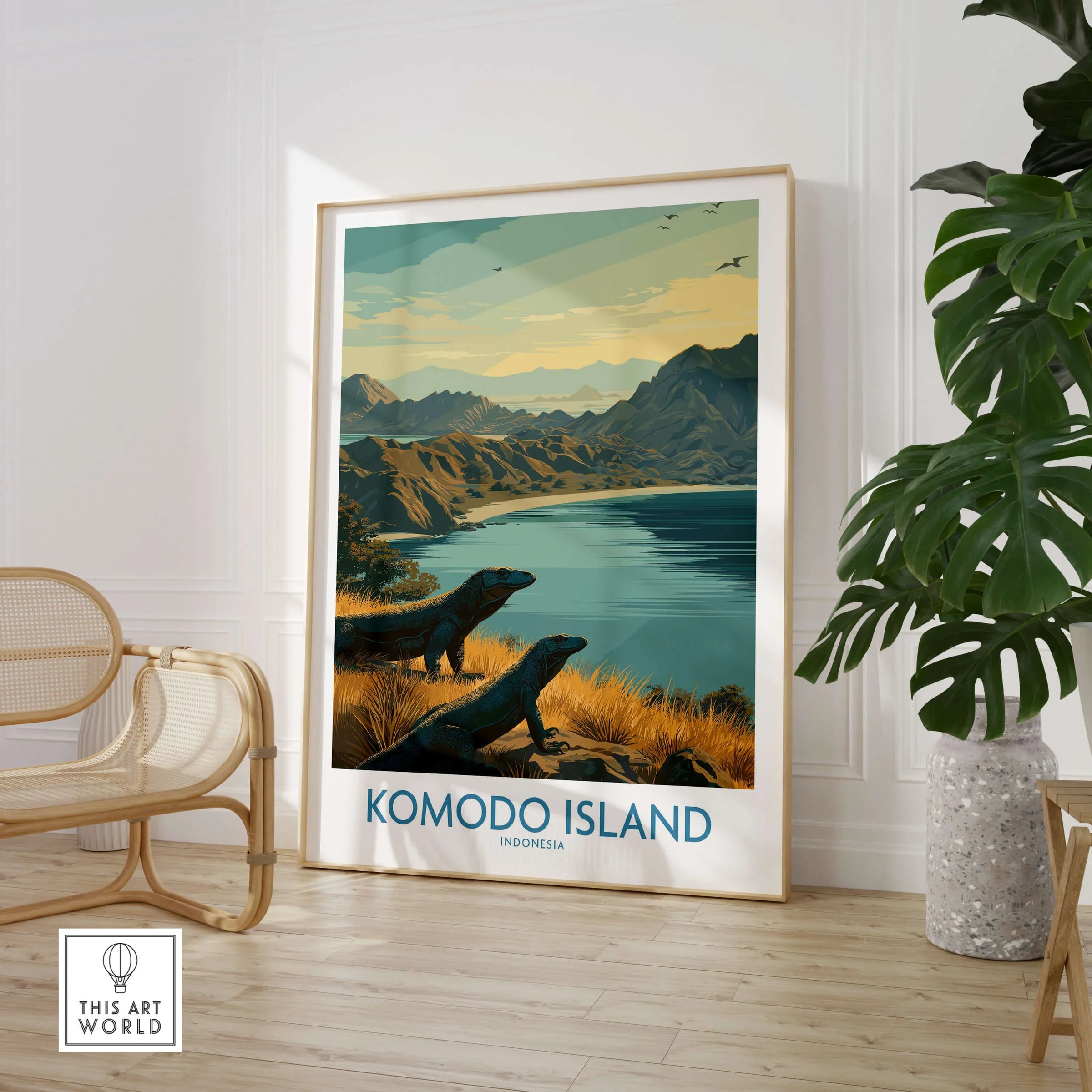 Komodo Island travel poster framed in modern room with chair and green indoor plant