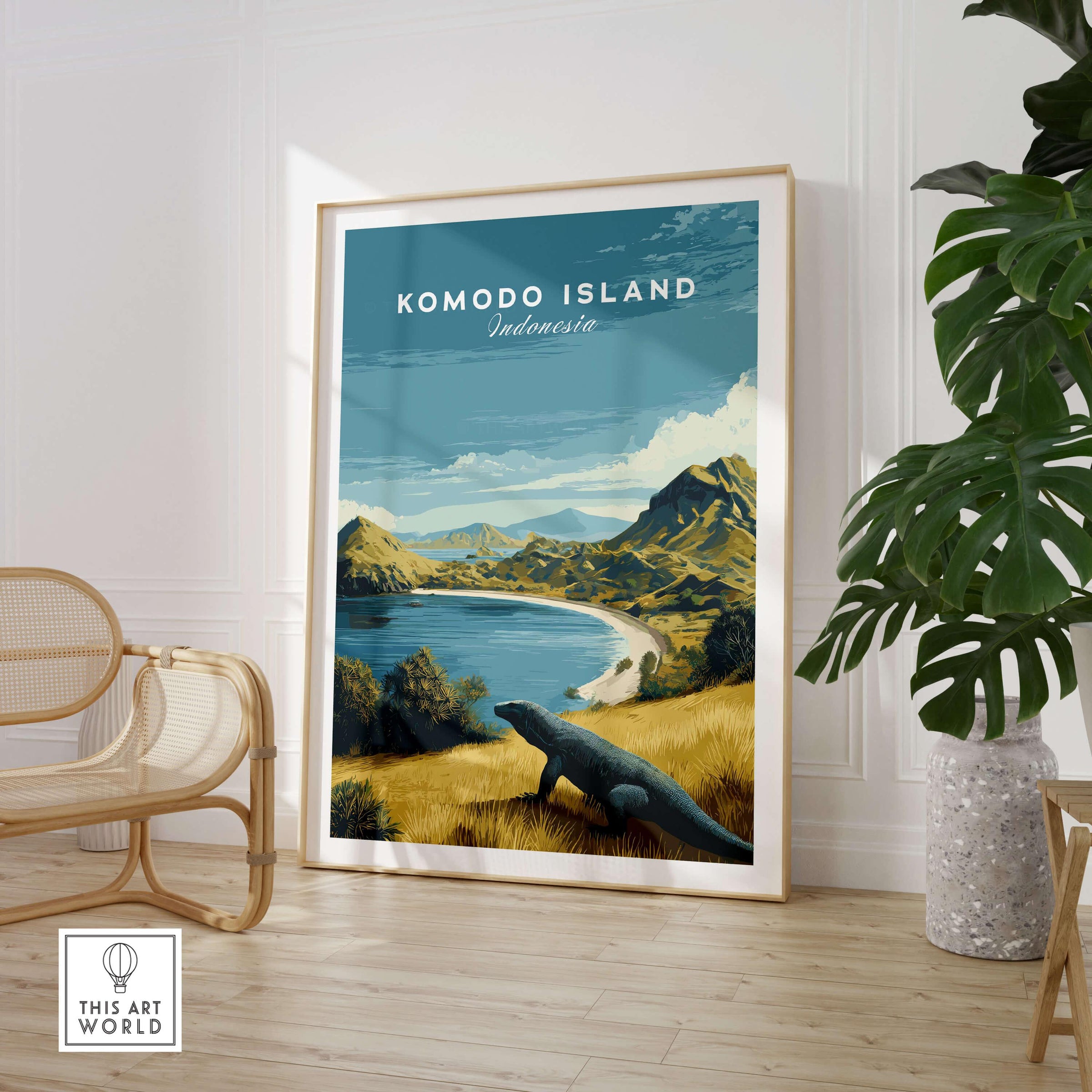 Komodo Island travel poster print in modern room with chair and potted plant