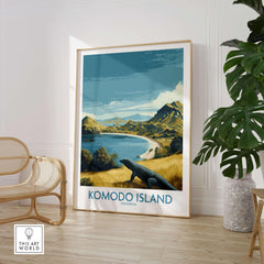 Komodo Island framed travel poster with beach and Komodo dragon, styled in modern room