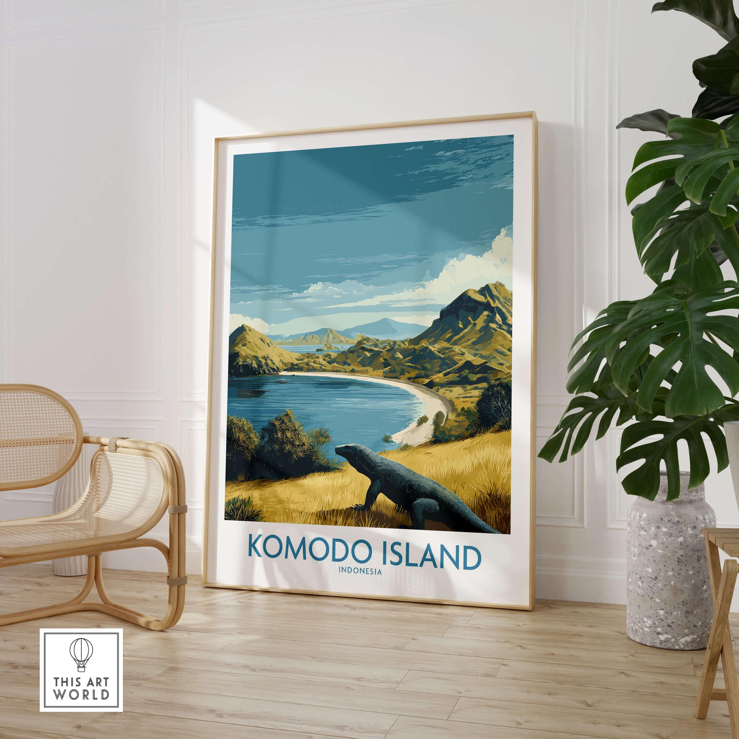Komodo Island framed travel poster with beach and Komodo dragon, styled in modern room