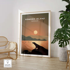 Komodo Island travel poster art print in frame, sunset landscape, displayed in modern room