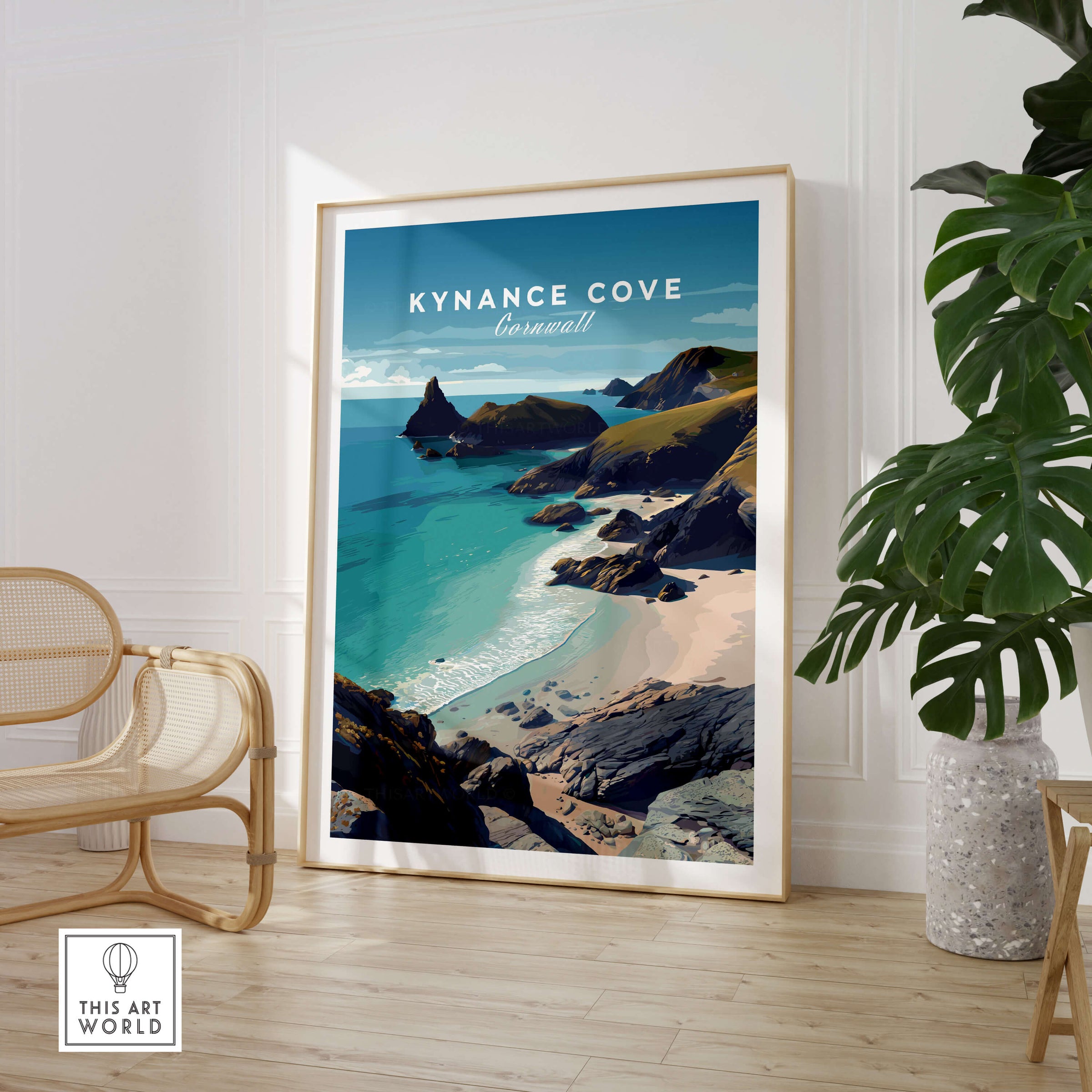Kynance Cove Cornwall Wall Art Print | British Coastline Landscape Travel Poster displayed in a modern interior.