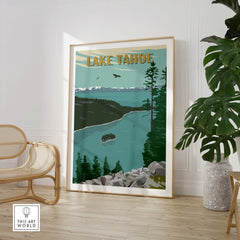 Lake Tahoe travel poster print in modern room with chair and potted plant