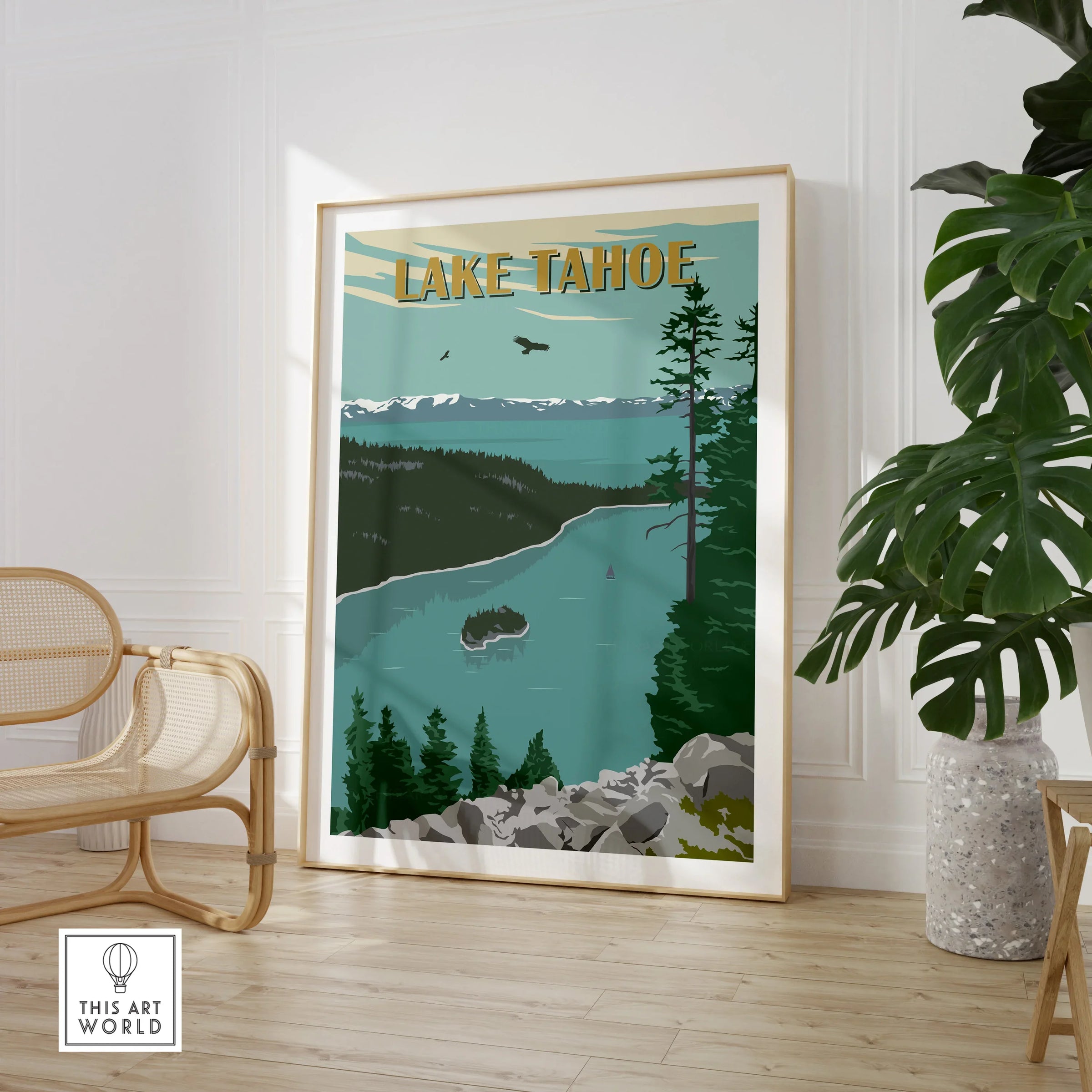 Lake Tahoe travel poster print in modern room with chair and potted plant