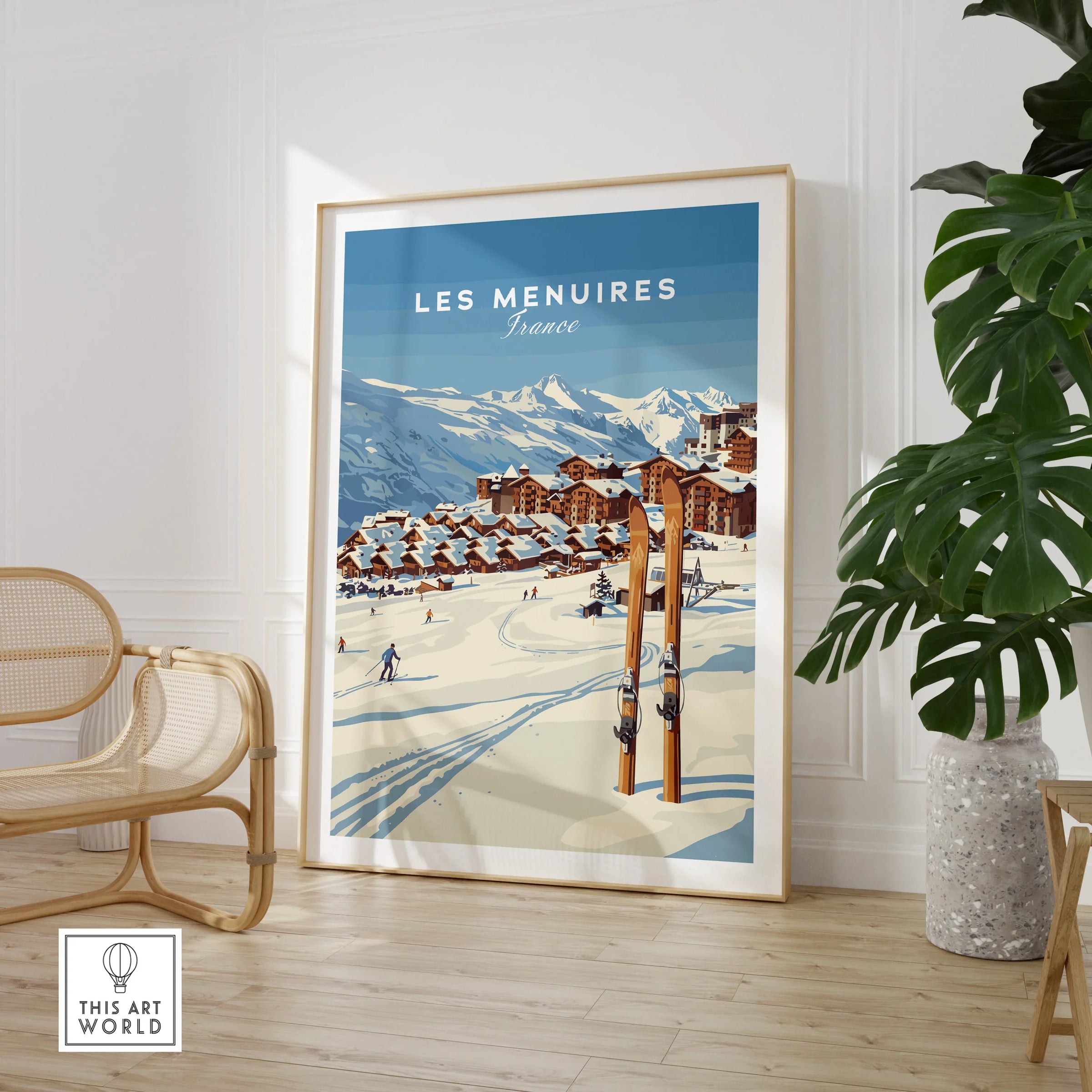 Framed Les Menuires France ski resort travel poster in a modern living room setting