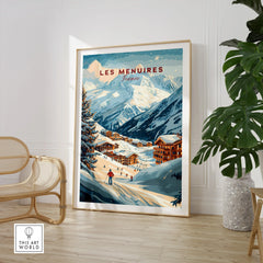Les Menuires France travel poster print with snowy mountain ski resort, framed in modern room