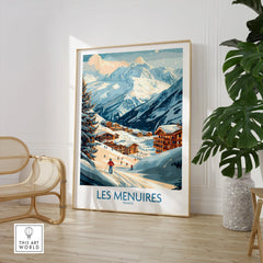 Framed Les Menuires France ski resort travel poster in modern room with chair and plant