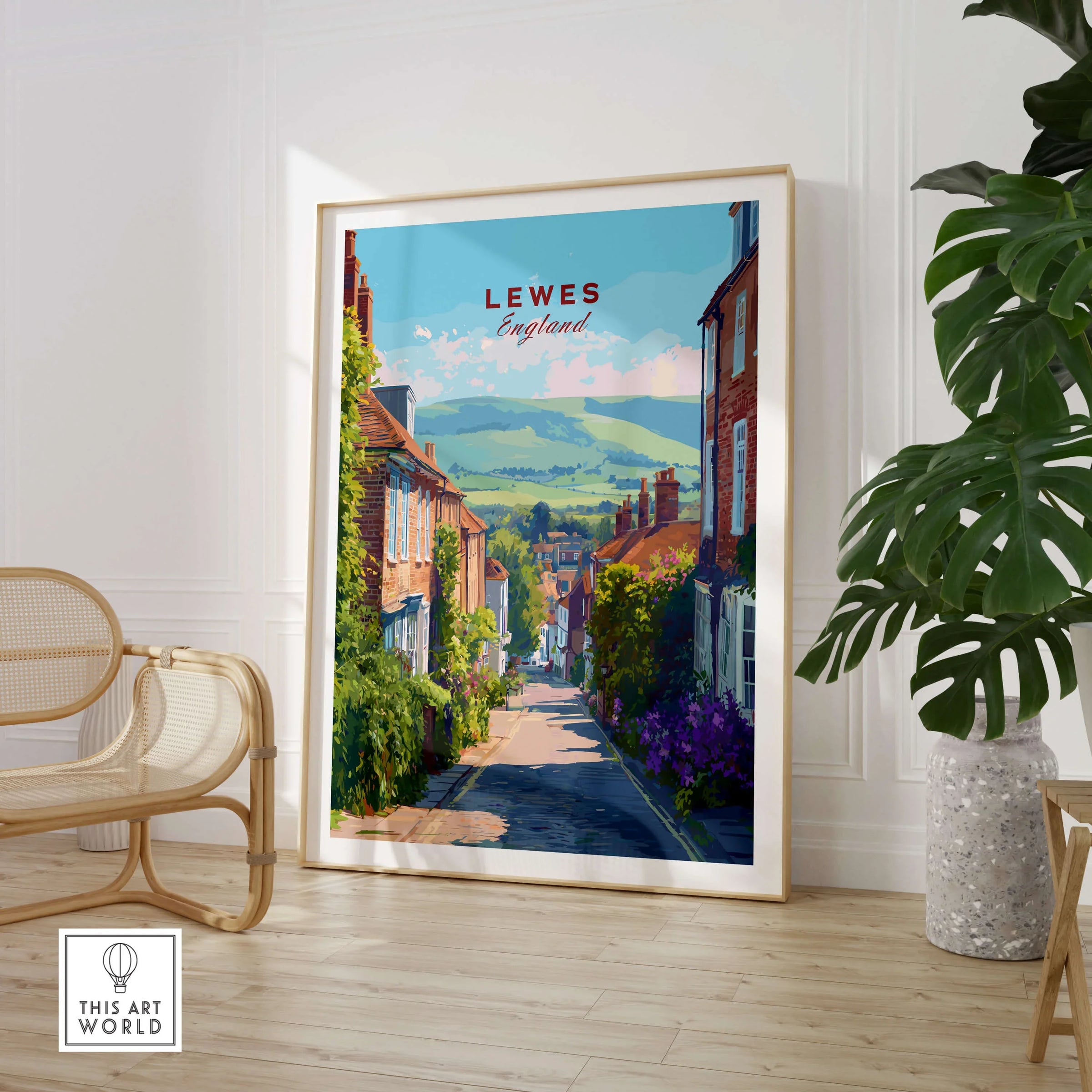 Lewes England travel poster print in frame, styled in modern home with plant and chair