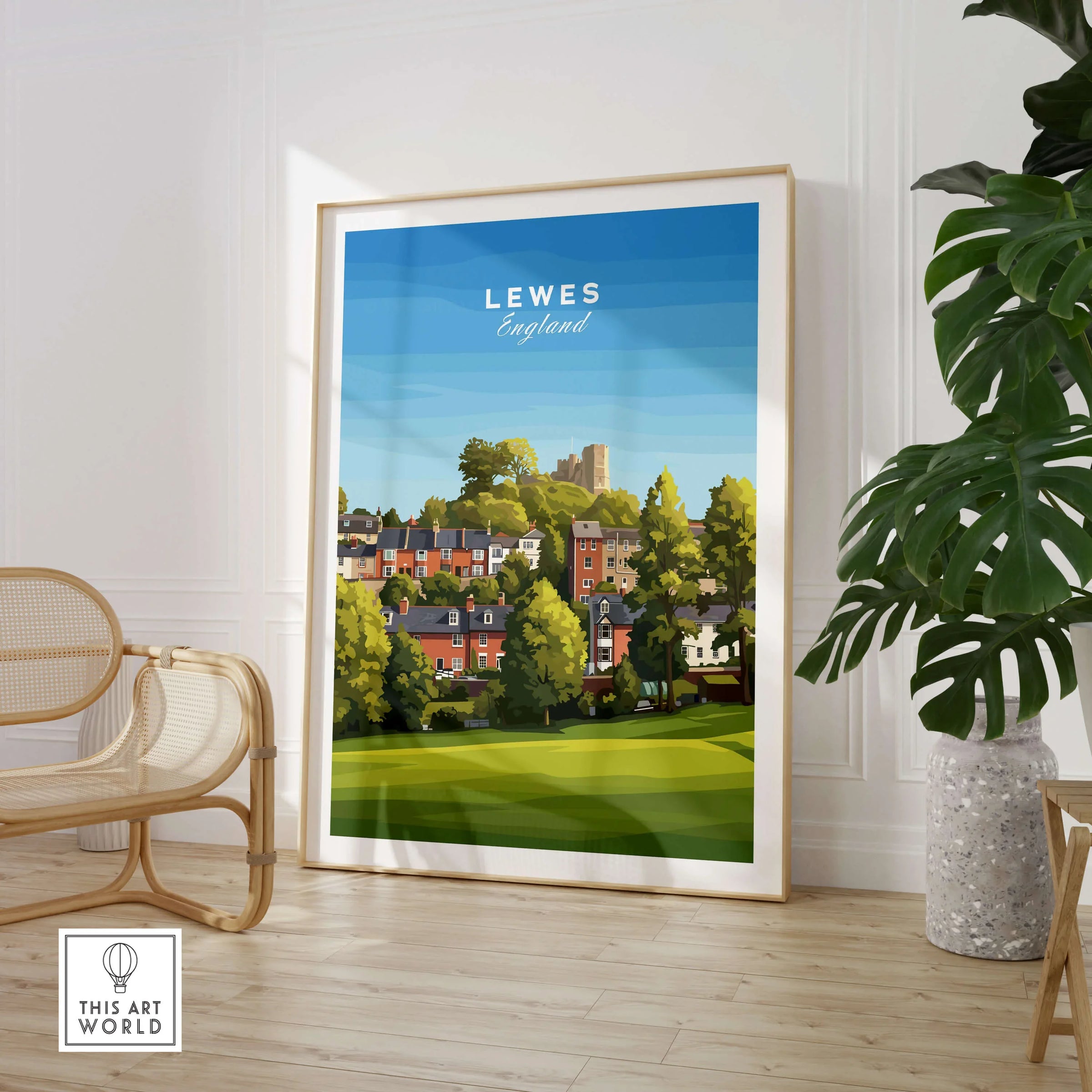 Lewes England travel poster print in frame, styled in modern living room with chair and plant