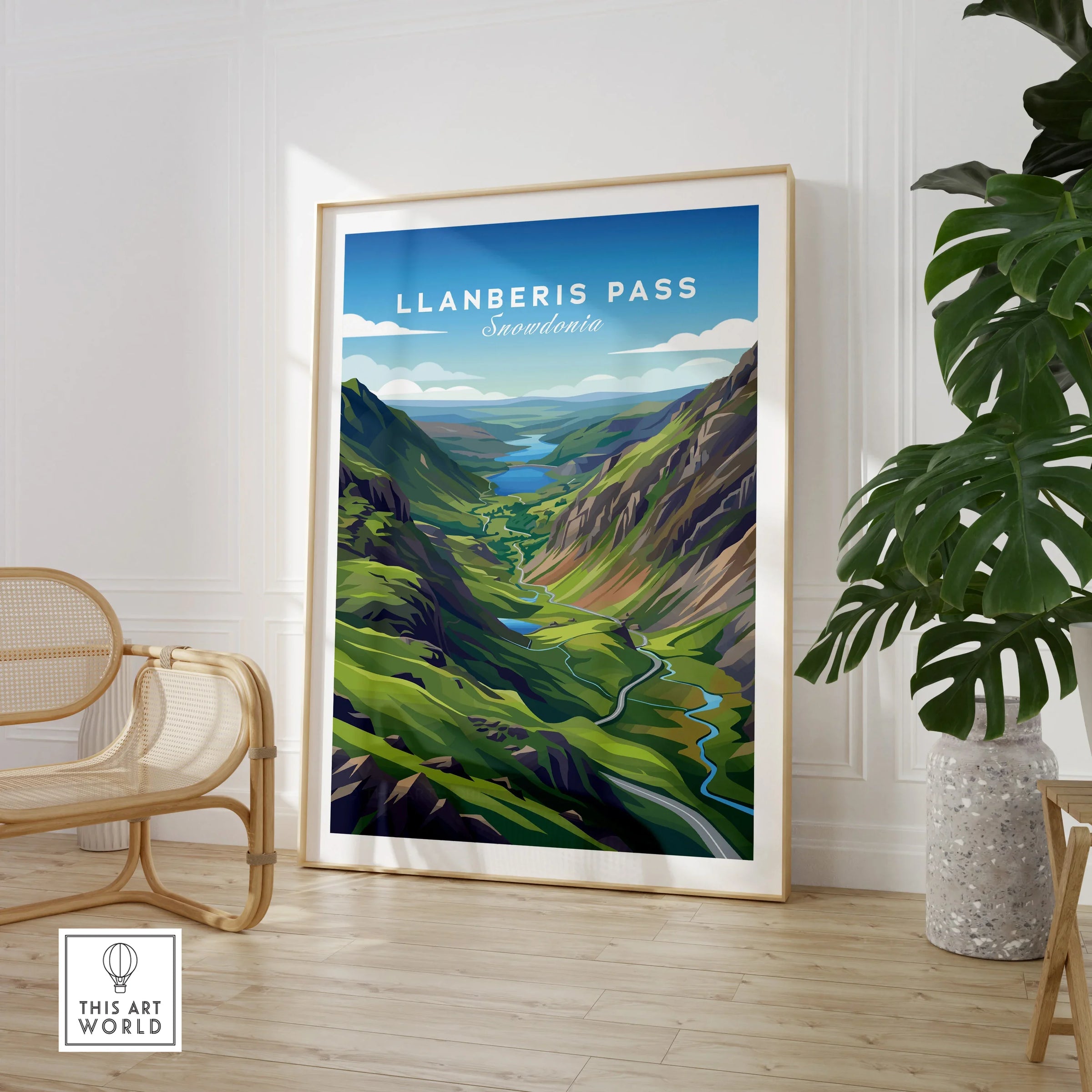 Llanberis Pass Snowdonia travel poster print in modern room with chair and plant