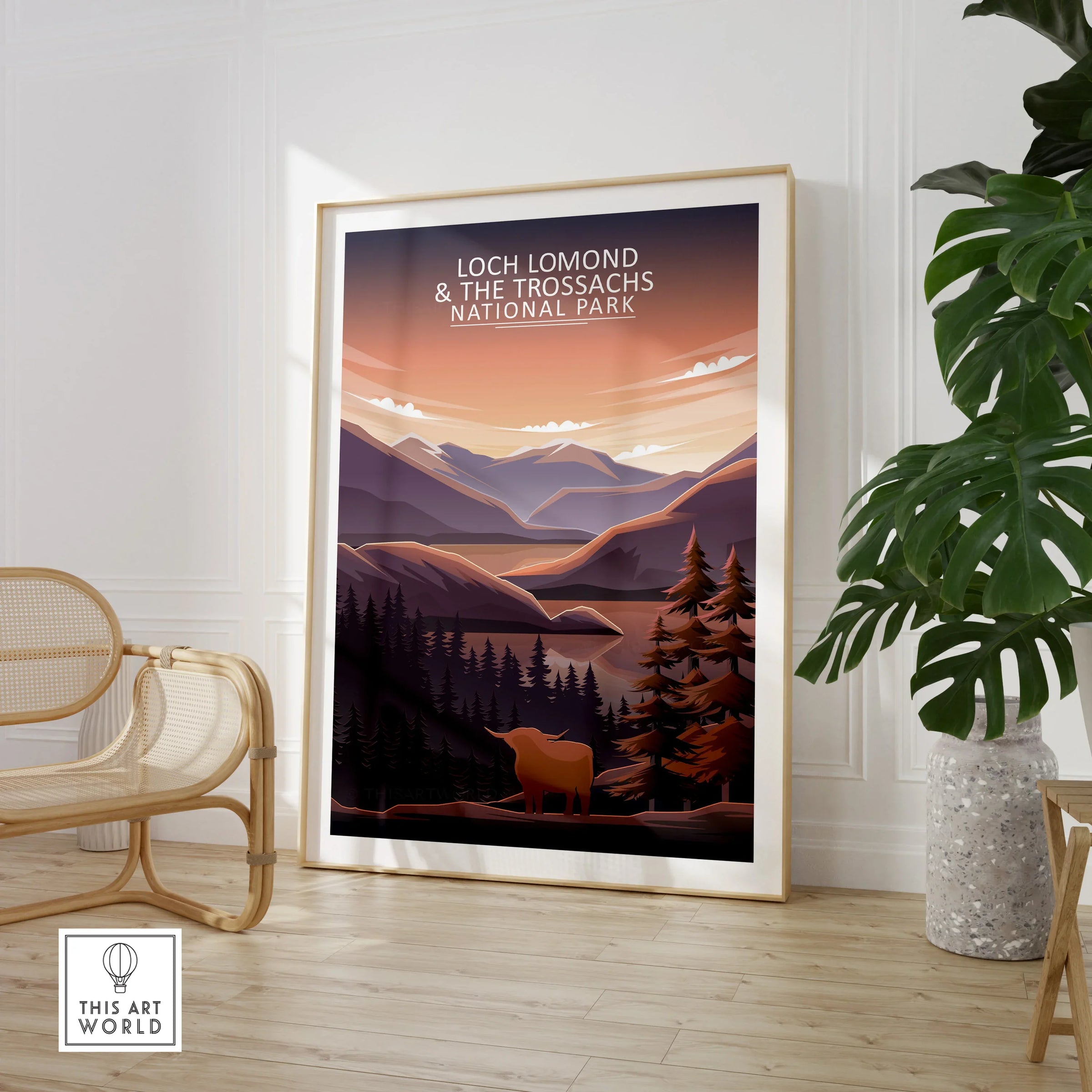 Framed Loch Lomond National Park print in modern room with chair and potted plant