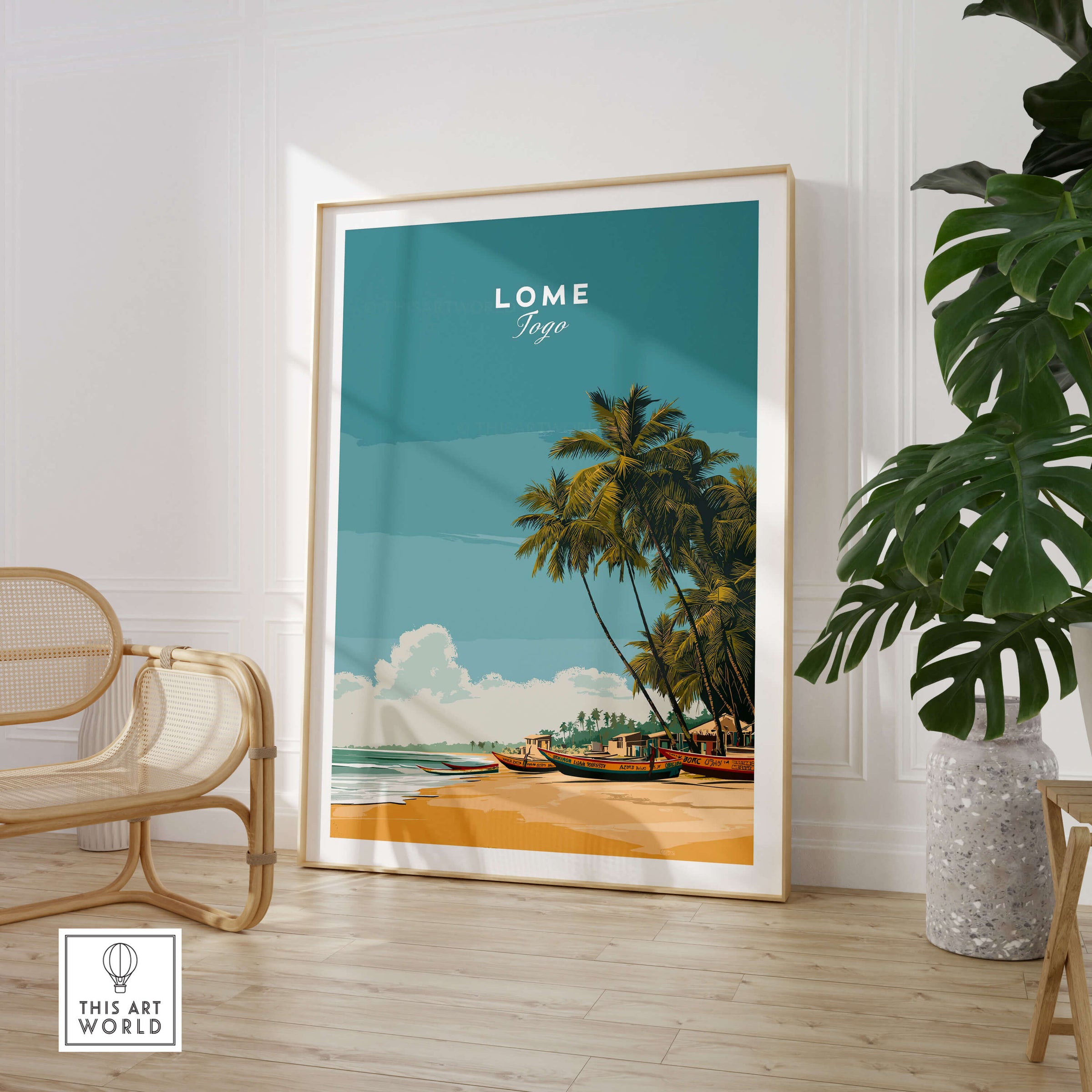Lomé Togo Travel Posters | West African Beach & Palms Wall Art Print showcasing tropical scenery and palm trees.