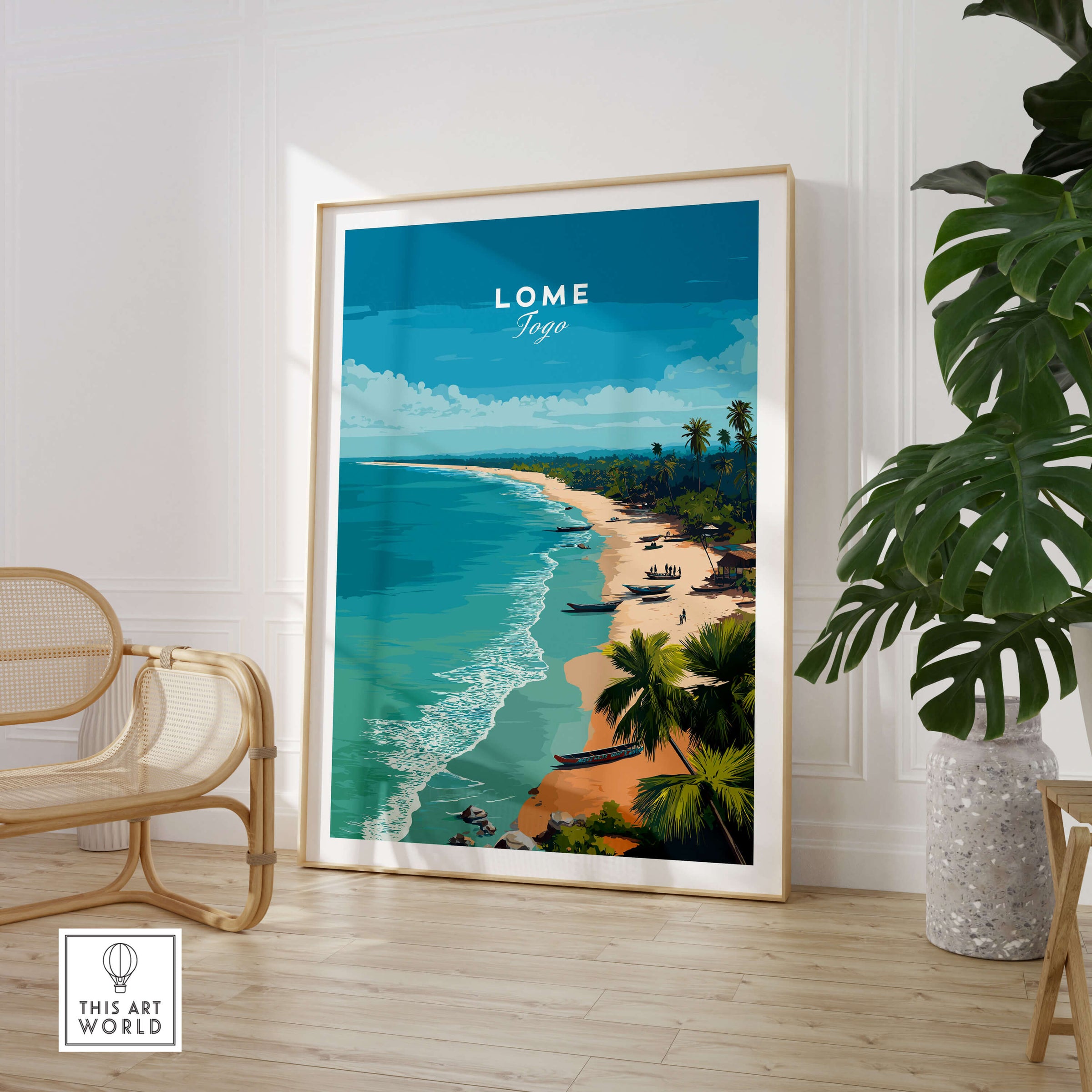 Lomé Togo Wall Art Print | Tropical Beach Travel Poster featuring a vibrant coastal scene.