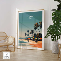 Lome Togo Poster Print Africa featuring a vibrant beach scene with palm trees and golden sands.