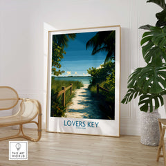 Lovers Key Florida Poster | Tropical Nature Path Canvas Print framed in a modern interior with greenery and art decor.