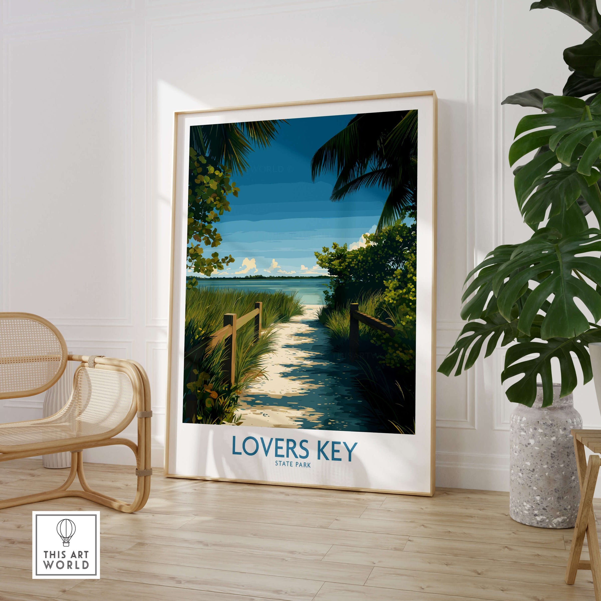 Lovers Key Florida Poster | Tropical Nature Path Canvas Print framed in a modern interior with greenery and art decor.