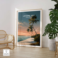 Lovers Key Travel Poster | Florida Sunset Palm Trees Wall Art Print displayed in a modern interior with palm trees.