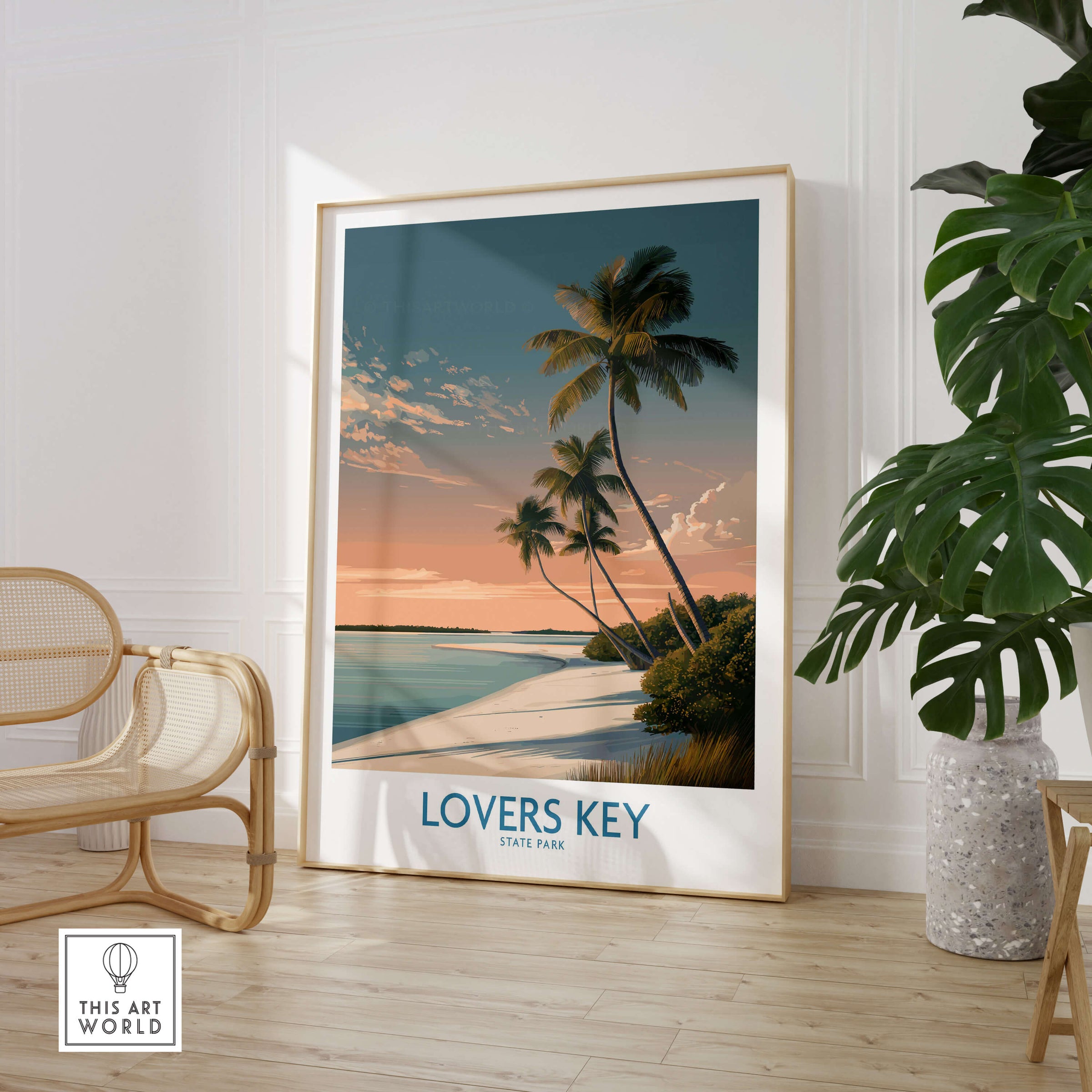 Lovers Key Canvas Print | Florida Gulf Coast Beach Poster featuring palm trees and sunset over the beach.