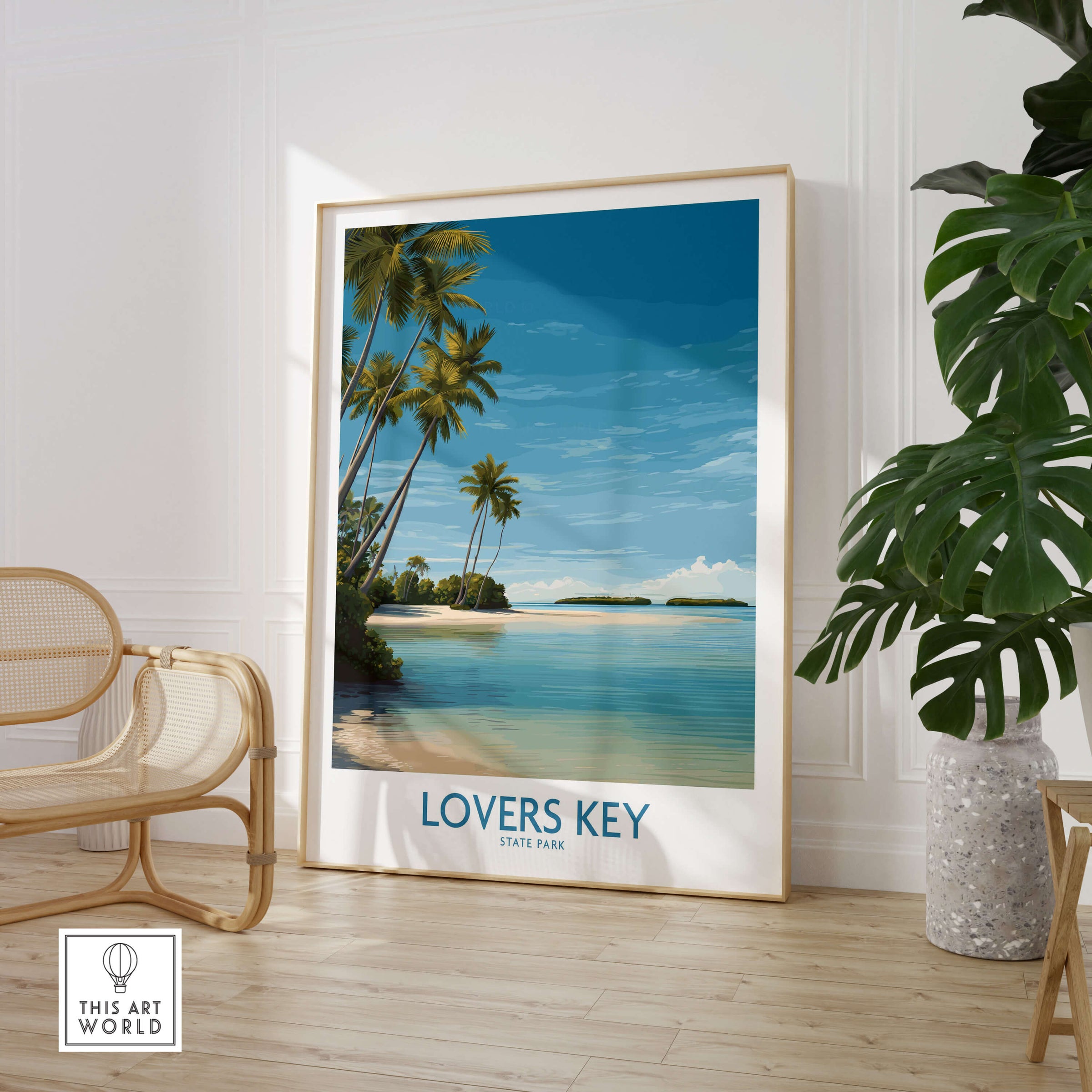 Lovers Key Poster | Florida Canvas Print featuring a tropical beach scene with palm trees and serene waters.