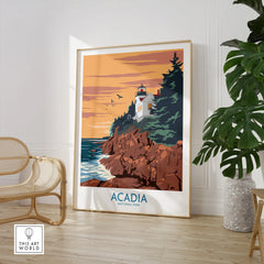 Framed Acadia National Park poster with lighthouse, rocky coast, and sunset in modern living room