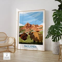 Badlands National Park framed art print with bison, in modern room with chair and plant