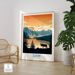 Banff National Park print with mountains, lake, and moose in modern living room decor