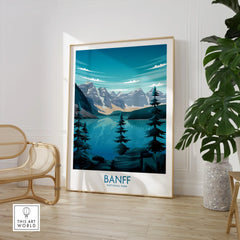 Framed Banff National Park art print in modern room with chair and green plant
