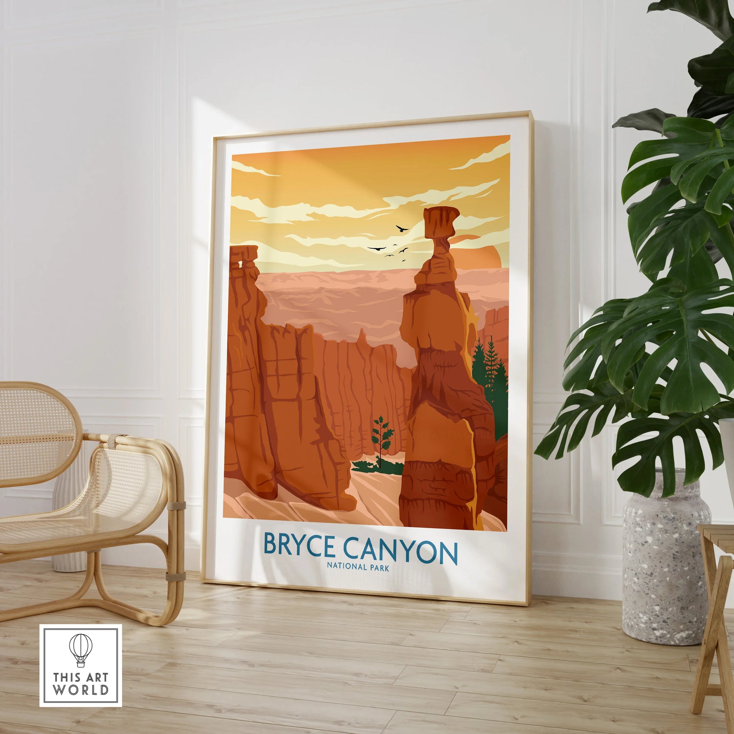 Bryce Canyon National Park print in a stylish room with rattan chair and potted plant