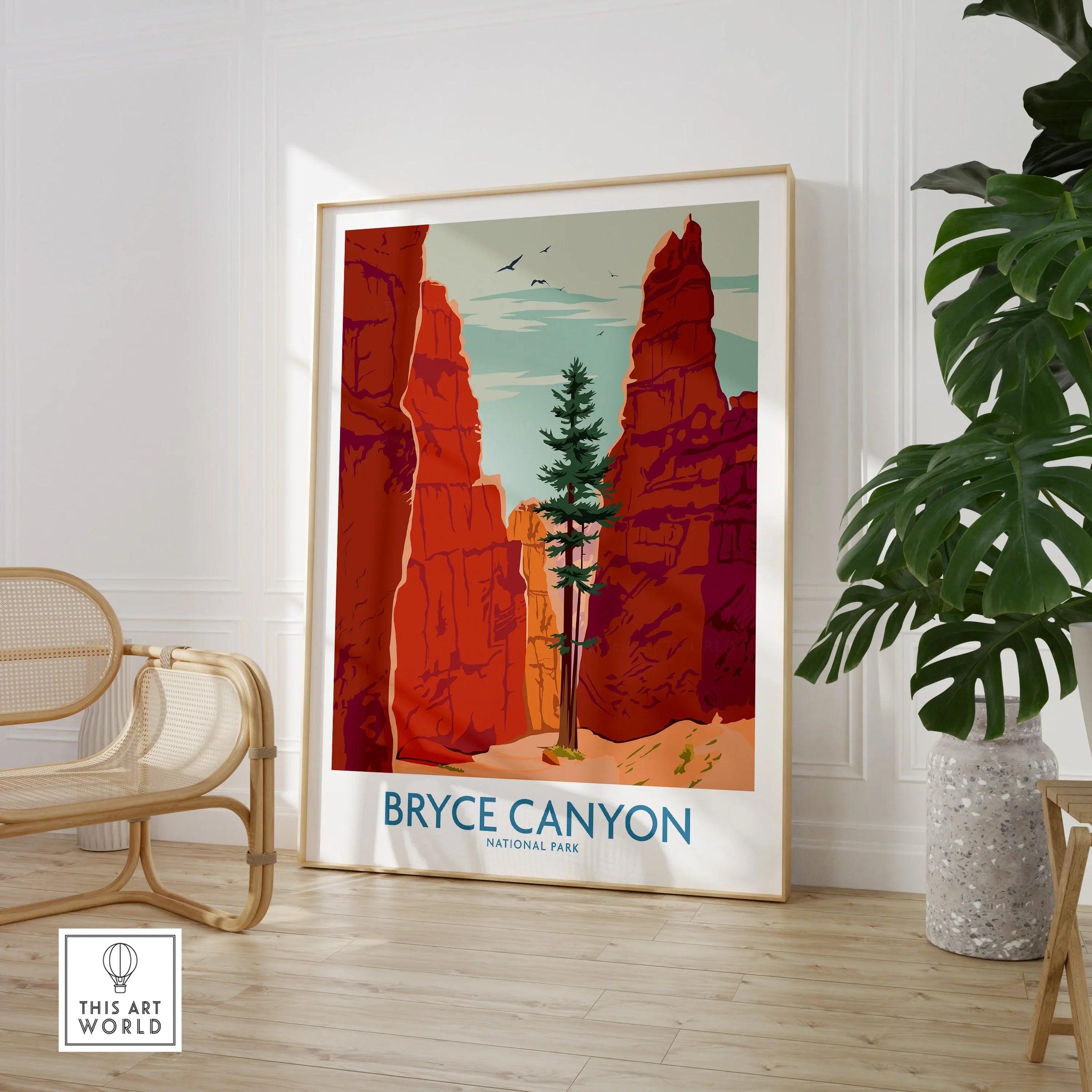 Framed Bryce Canyon National Park travel poster in stylish room with chair and plant