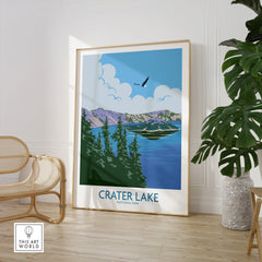 Framed Crater Lake National Park art print in modern room with chair and plant