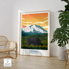 Denali National Park travel poster with mountain, bear, sunset, framed in modern room decor