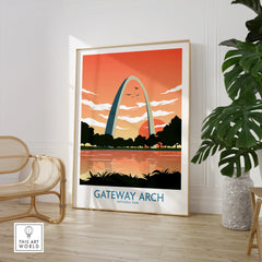 Gateway Arch National Park travel poster framed, modern home decor with chair and potted plant