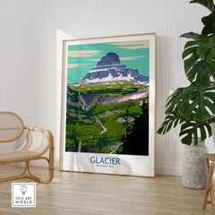 Glacier National Park framed wall art in modern living room with chair and green plant