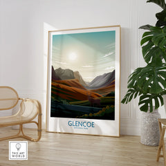 Framed Glencoe National Park travel poster in modern room with chair and potted plant