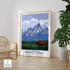 Grand Teton National Park art print with bison, framed and styled in modern room with chair and plant