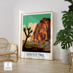 Framed Joshua Tree National Park art print in modern room with chair and indoor plant