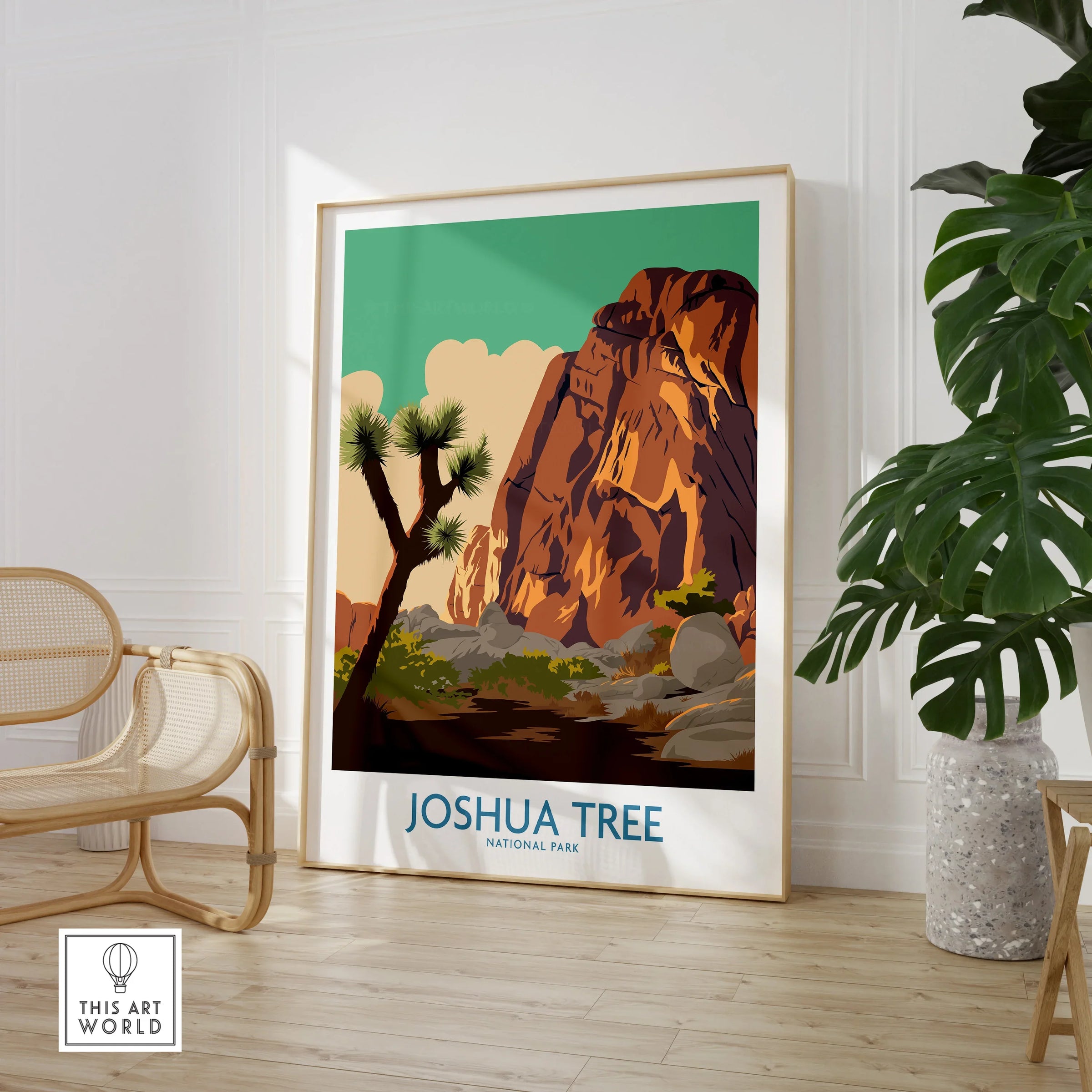 Framed Joshua Tree National Park art print in modern room with chair and indoor plant
