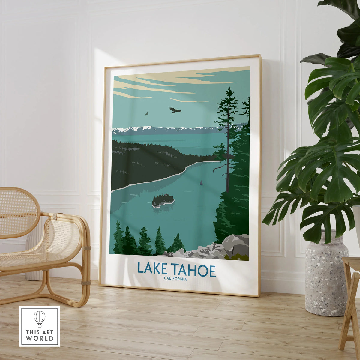 Lake Tahoe travel poster print in modern room with chair and indoor plant