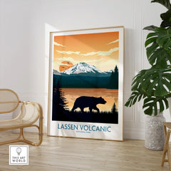 Framed Lassen Volcanic National Park print with bear silhouette, mountain sunset, and modern room decor