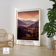 Loch Lomond National Park travel poster framed in modern room with chair and plant