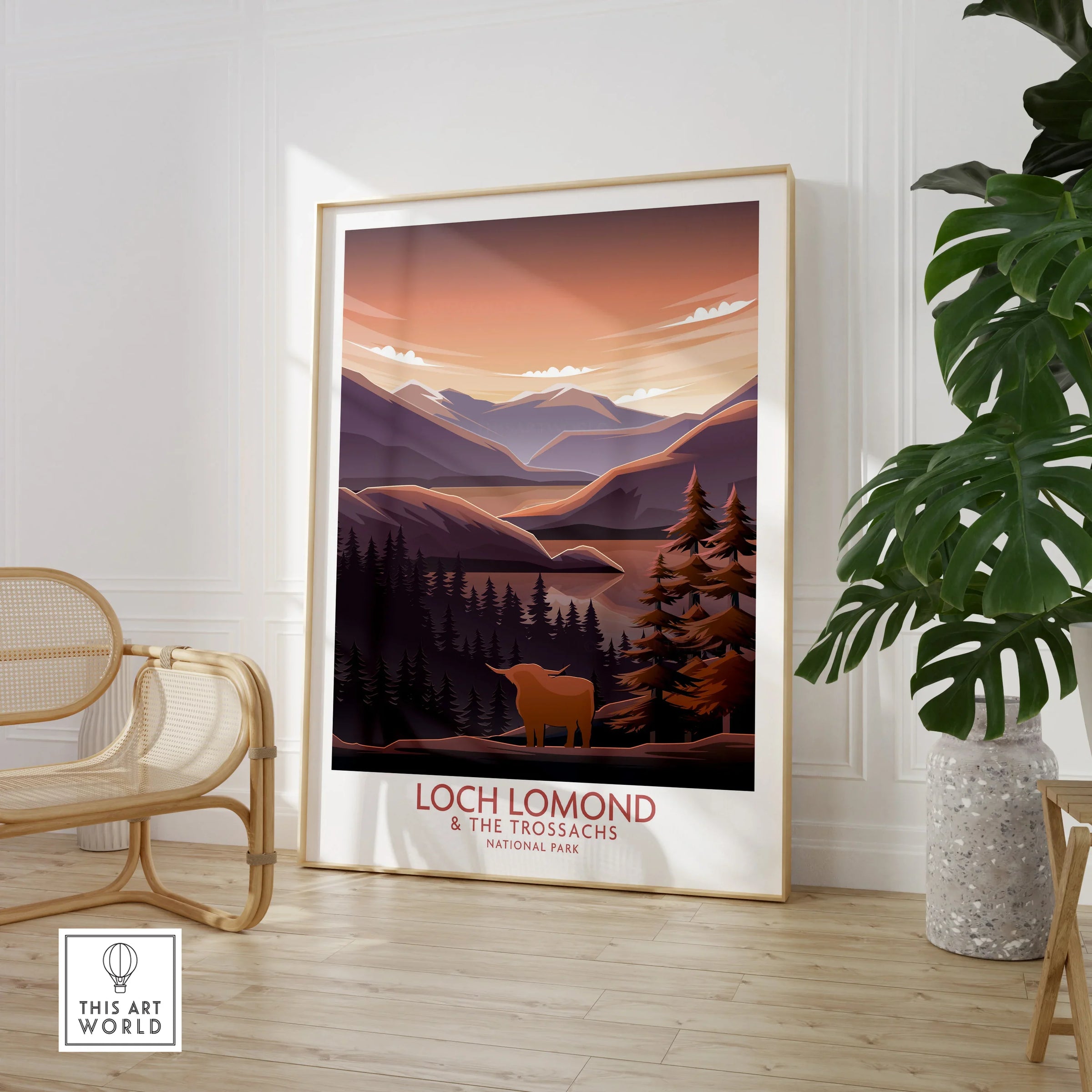 Loch Lomond National Park travel poster framed in modern room with chair and plant