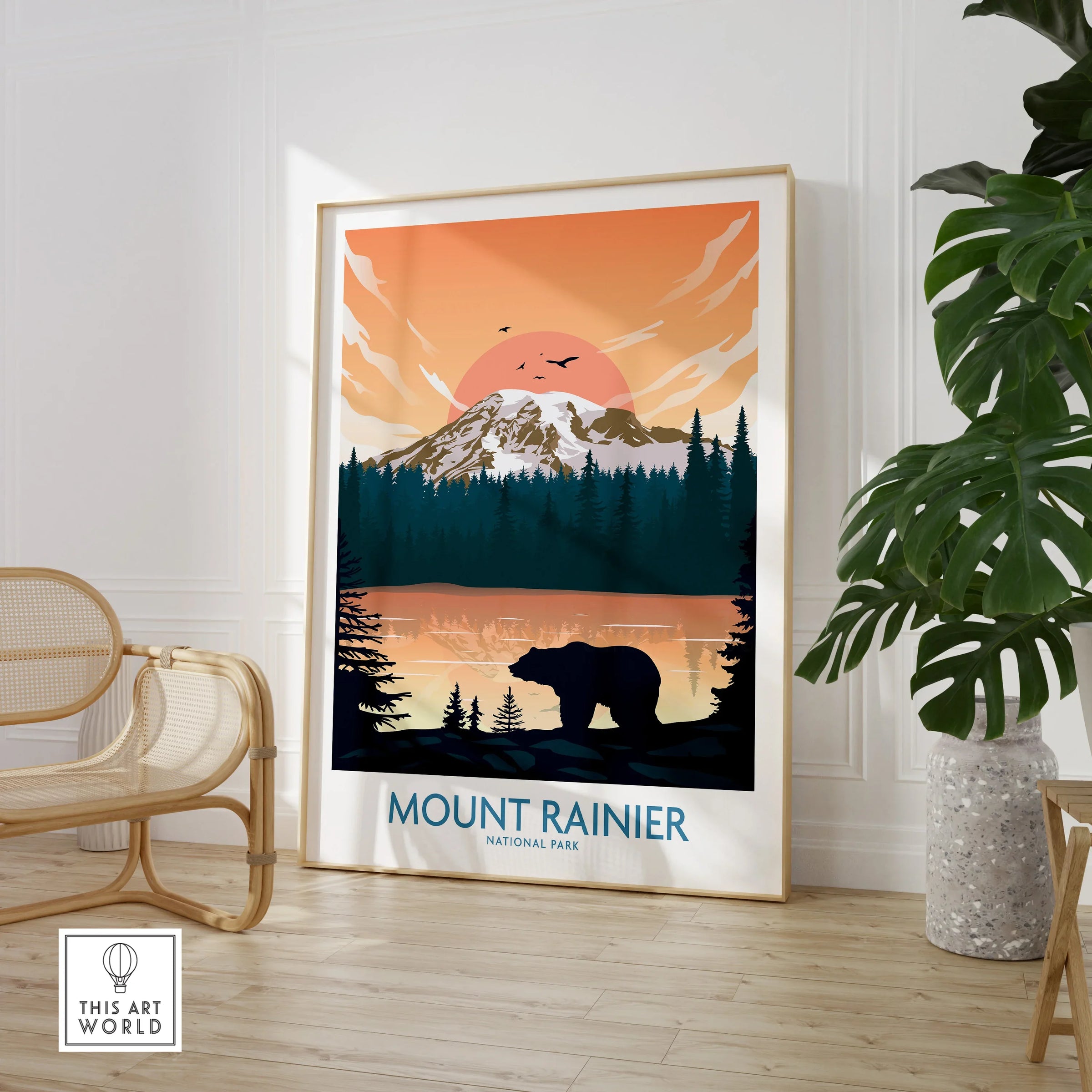 Mount Rainier National Park framed print with bear and sunset, styled in modern room decor