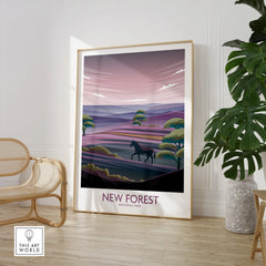 New Forest National Park wall art print with horse, modern frame in stylish home decor setting