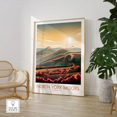 North York Moors National Park wall art print in a modern room with chair and plant