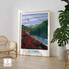 Olympic National Park framed print with vibrant landscape in modern living room decor