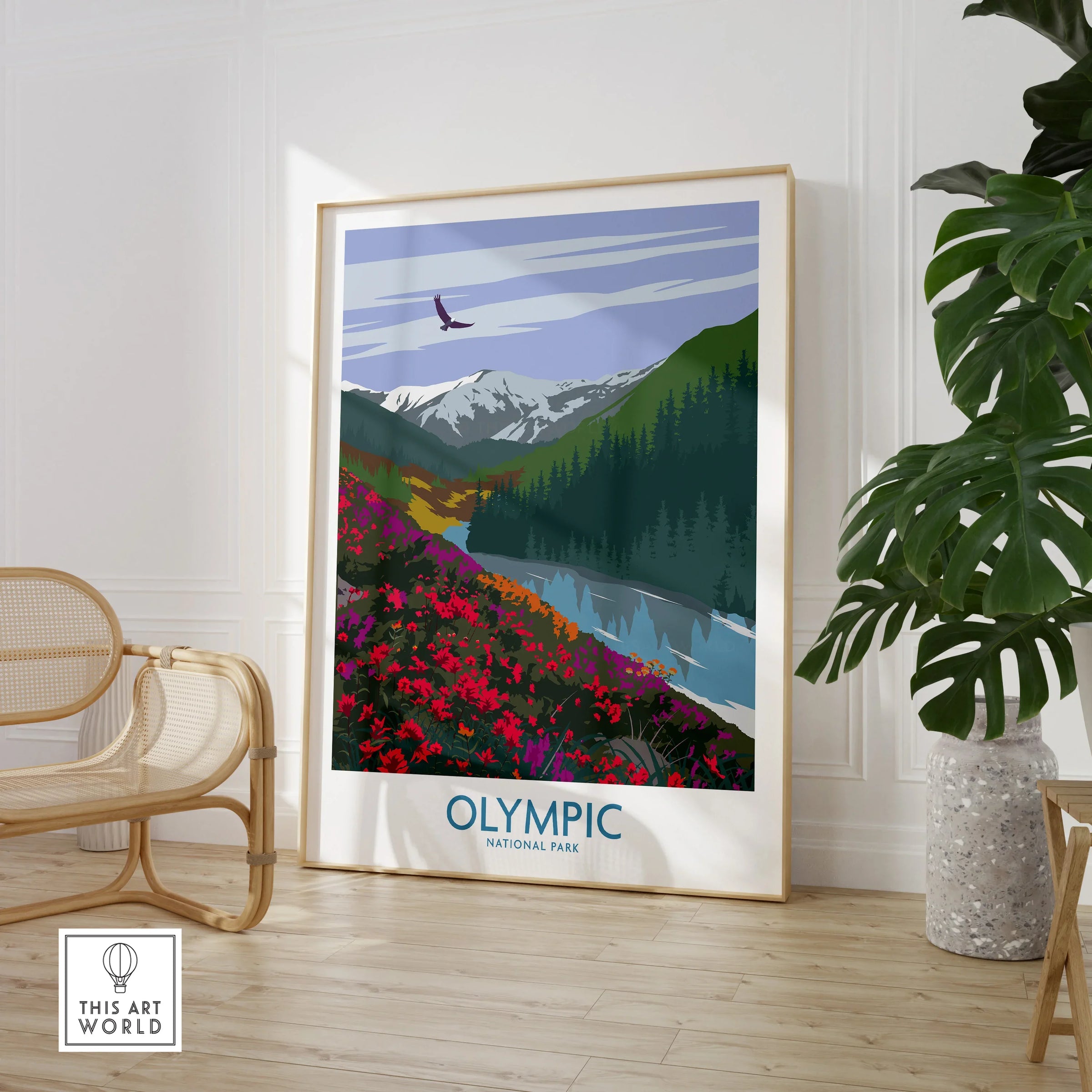 Olympic National Park framed print with vibrant landscape in modern living room decor