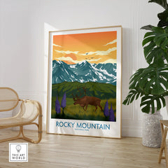 Rocky Mountain National Park wall art print with elk, sunrise, and mountains in modern home decor setting