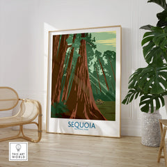 Sequoia National Park art print in modern room with chair and large green plant