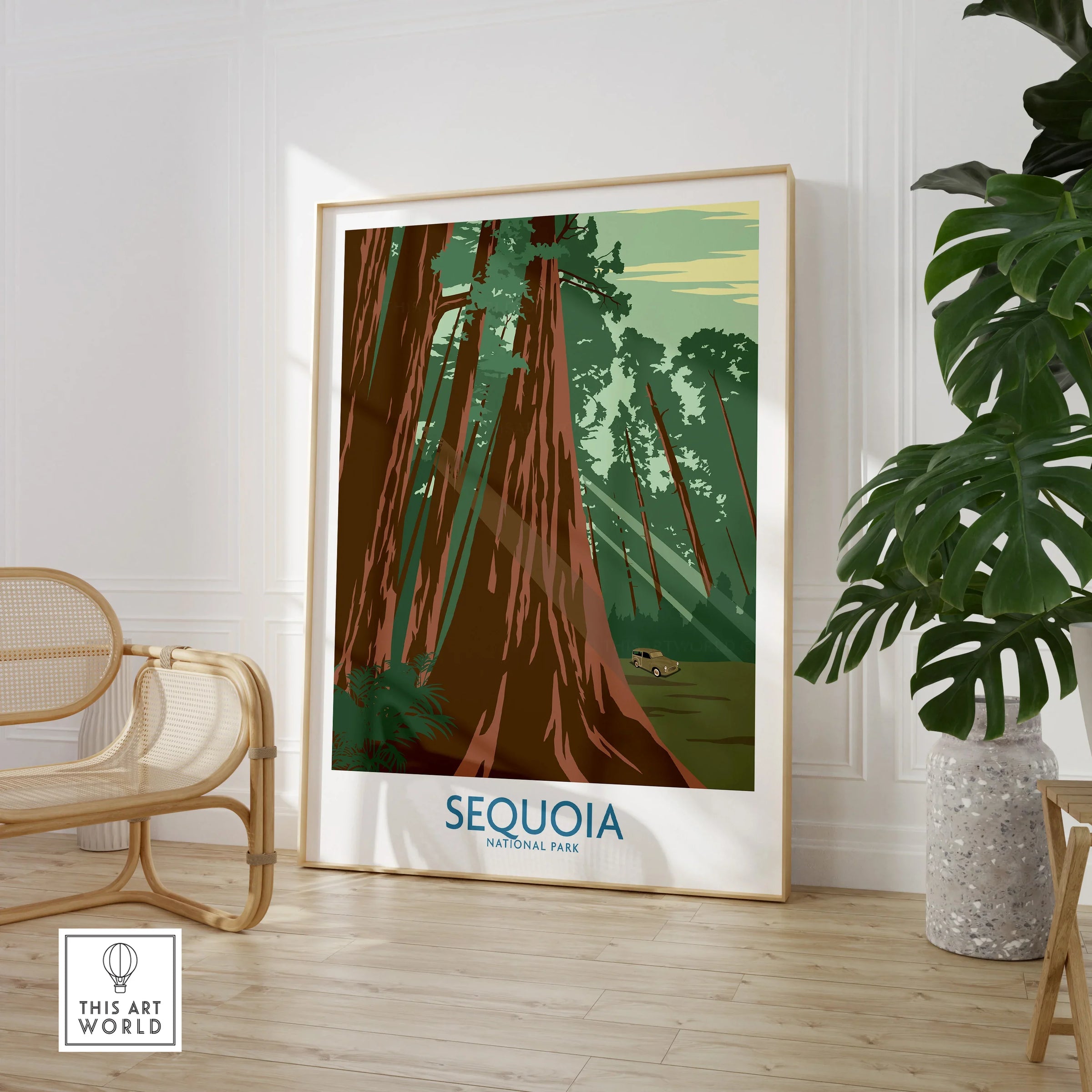Sequoia National Park art print in modern room with chair and large green plant
